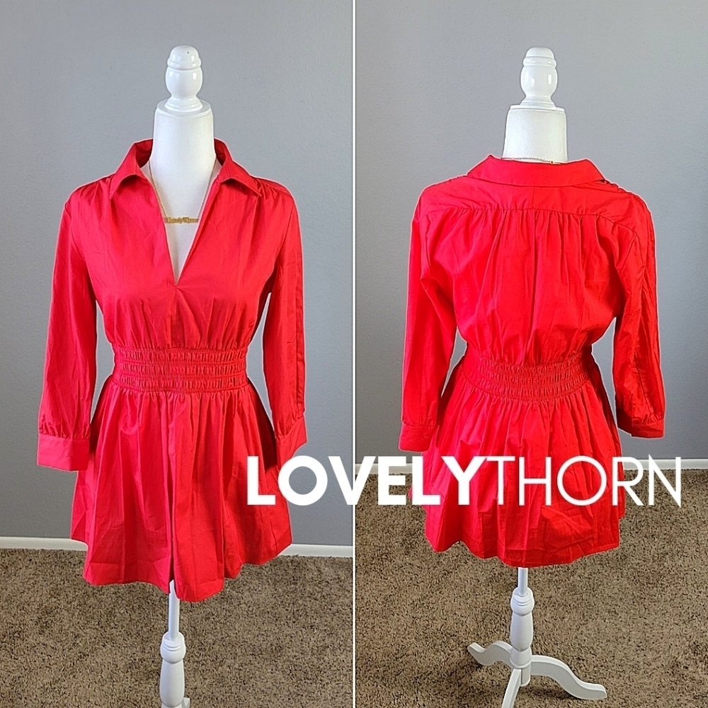 ZARA // retro-chic red poplin collar smock waist long sleeve plunge mini dress - Picture 8 of 16